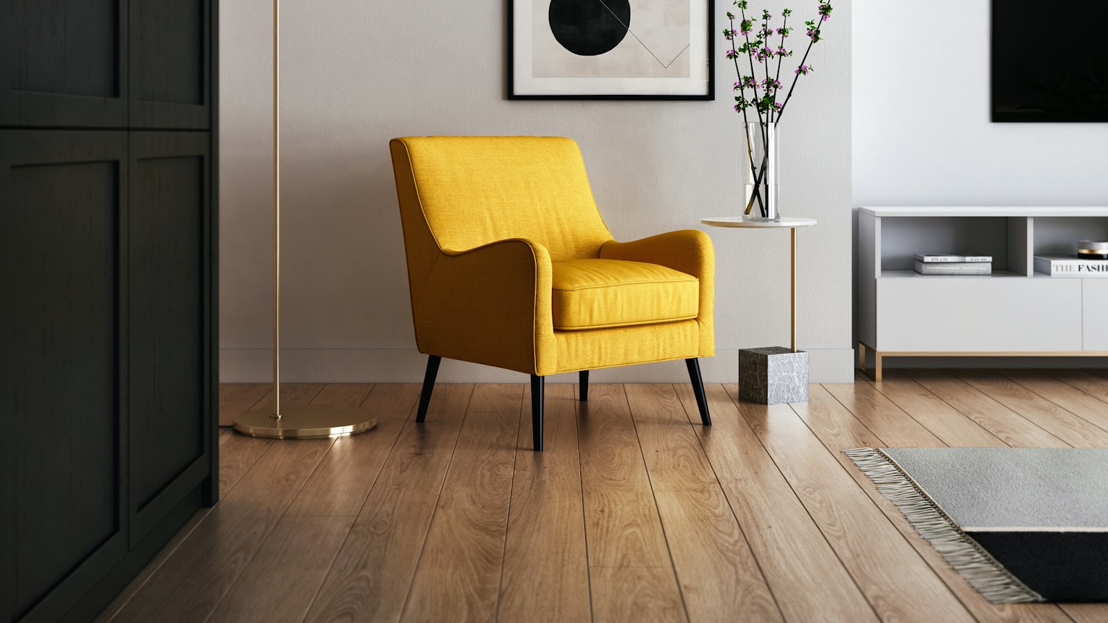 A warmly styled living room corner with a textured throw, a plant, and a thrifted accent chair